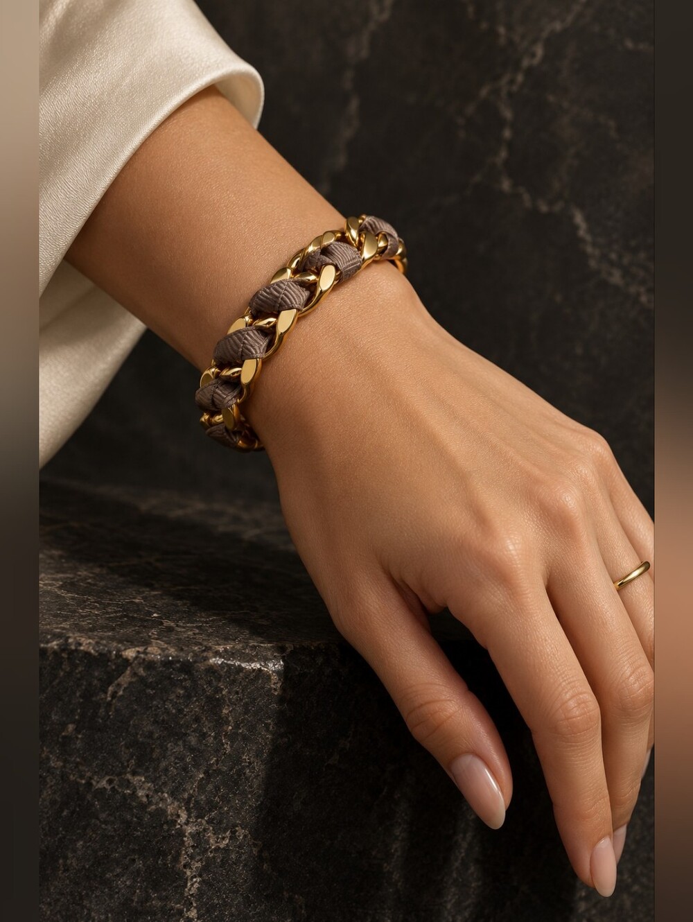 Skinny By Jessica Elliott Gold Chain and Taupe Ribbon Braided Bracelet
